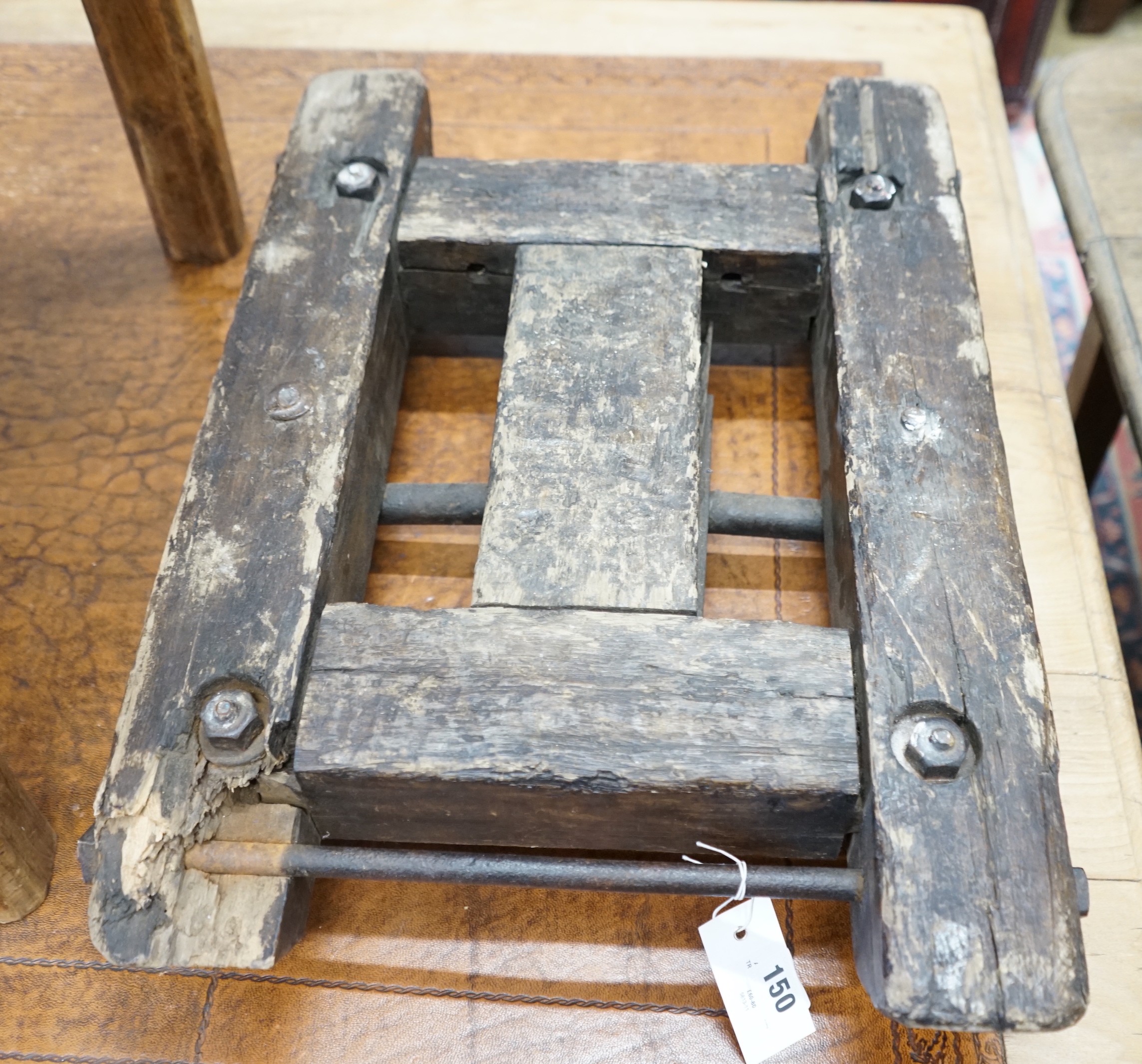 A vintage wooden trolley, width 40cm, length 57cm, height 12cm